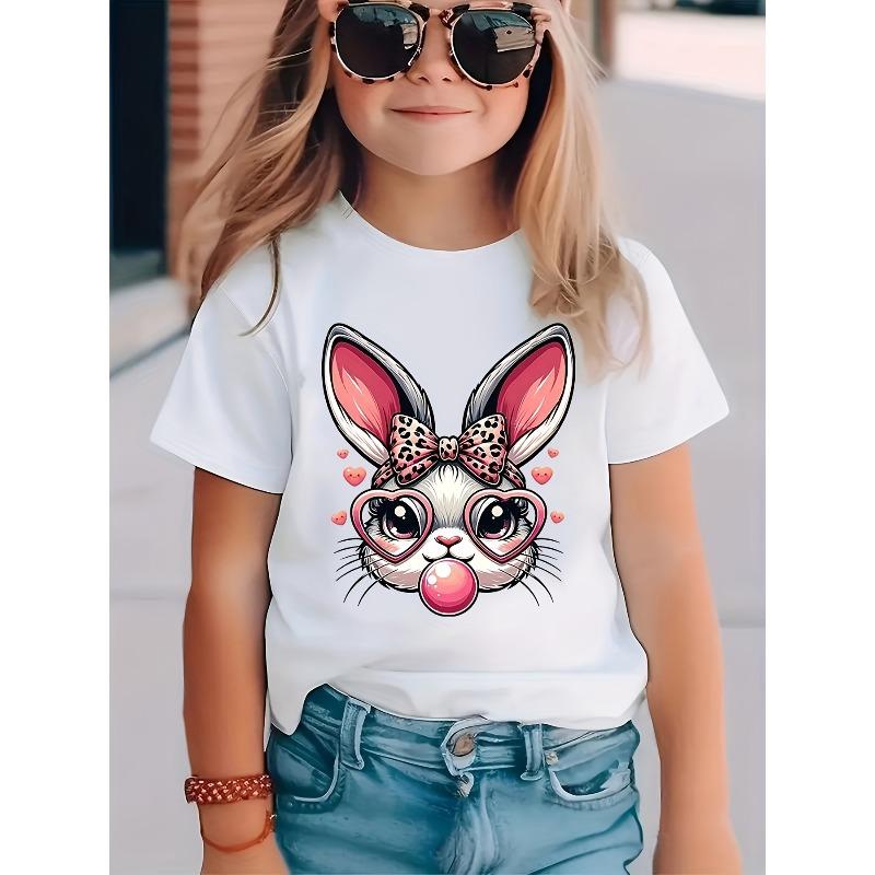 European sizes Summer New Girls Cartoon Rabbit Print Casual Short Sleeve T-Shirt 110