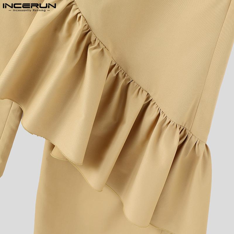 INCERUN Pánské kalhoty se zipem v pase, s volánovými vrstvami, ležérní, dlouhé, rovné kalhoty