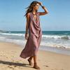 Women's Draped Deep V Neck Dress, Summer Sleeveless Loose Flowy Dress, Casual Travel Vacation Ruched Long Dress