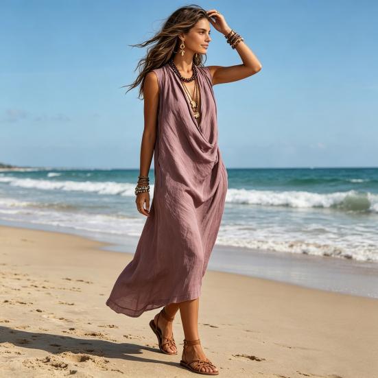 Women's Draped Deep V Neck Dress, Summer Sleeveless Loose Flowy Dress, Casual Travel Vacation Ruched Long Dress