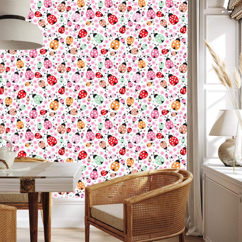Ladybug Wallpaper Flowers and Hearts for Living Room and Bedroom 50x1000