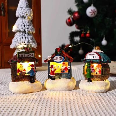 Christmas Snowman Luminous Decoration Resin Santa Claus Shop Micro Landscape Ornaments Christmas LED House Pine Needles Snow