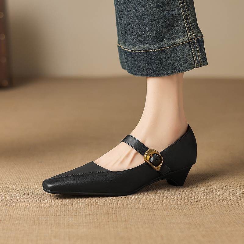 Krazing Pot Microfiber Square Toe Thick Med Heels Spring Summer Shoes Big Size 43 Metal Buckle Women Office Lady Pumps