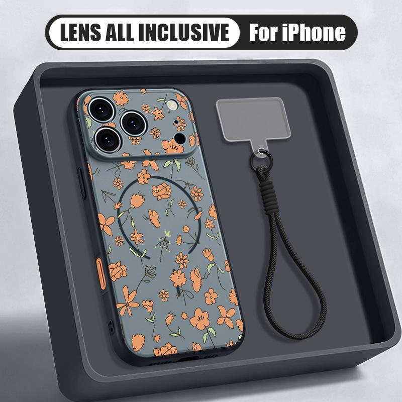 Little Floral Pattern Hand Strap Case For iPhone 17 Pro Max iPhone 16 15 14 13 Pro Max Magnetic For Magsafe Hybrid TPU+PC Matte Cover