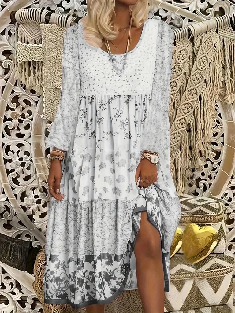 2025 Langärmeliges bedrucktes Rundhalskleid für Damen - Frühling und Herbst