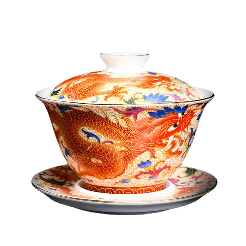 Enamel Court Style Engraved Gaiwan - Hand-Painted Ceramic Tea Cup Set