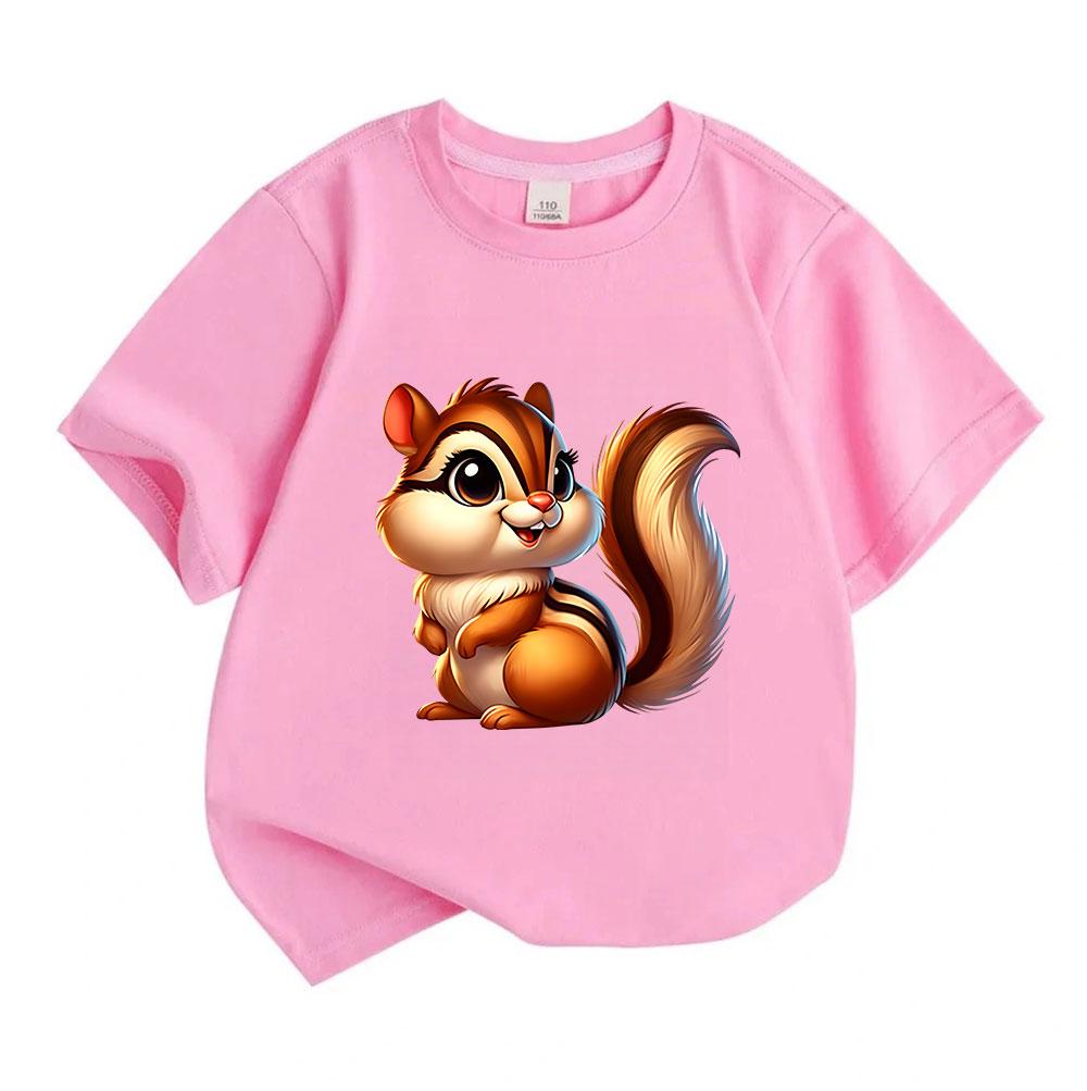 Cute Cartoon Chipmunk Print Kids Boys Girls Crew Neck Short Sleeve T-Shirt 100% Cotton Casual Soft Breathable Lightweight Summer Tees For Little Child