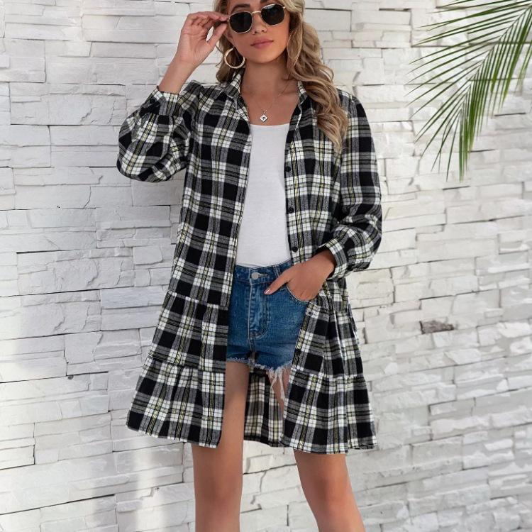 

QICED Весенне-летнее платье-торт, клетчатая рубашка с длинным рукавом, однобортная женская одежда XXL чёрный