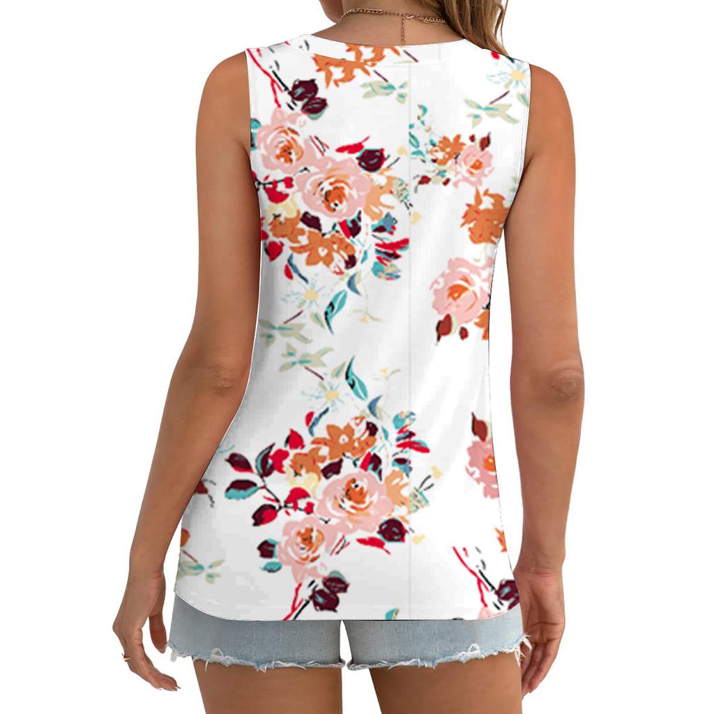 T-shirt estiva con stampa floreale per donna Top casual girocollo senza maniche gilet attorcigliato