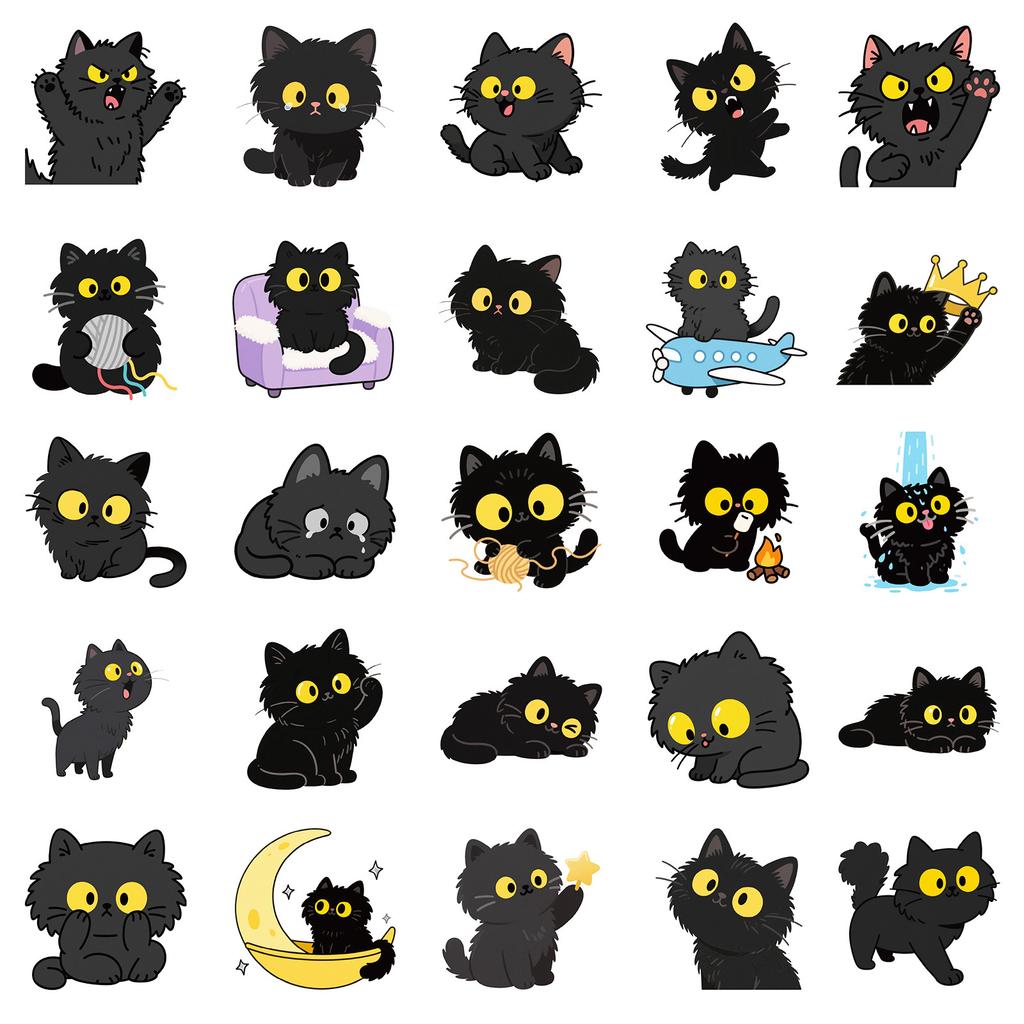 50 Big-Eyed Black Cat Cartoon Stickers Cute And Cute Black Cat Water Cup Flat Waterproof Decorative Stickers
