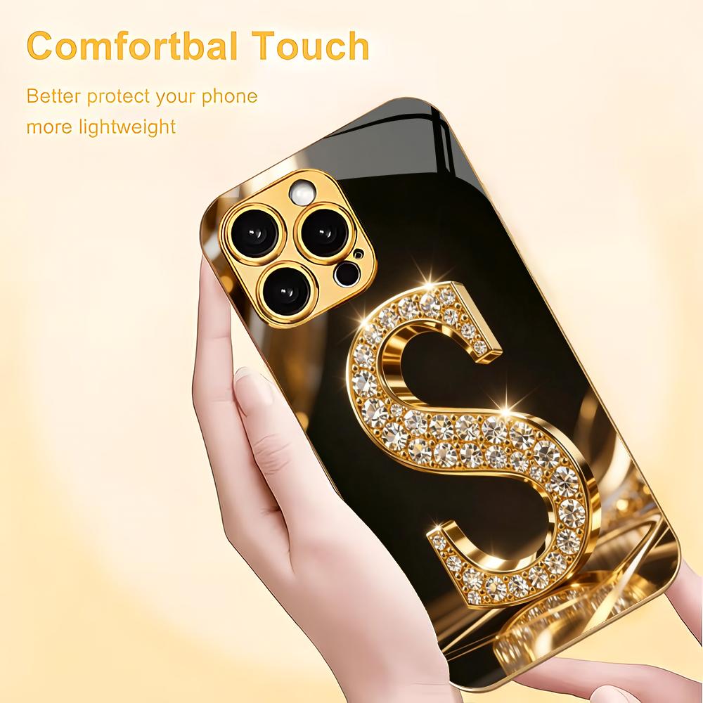 Diamond Studded Letter S Pattern Electroplated Glass Phone Case Suitable for iPhone 17 16 15 14 13 12 11 Pro/Max/Plus Shockproof