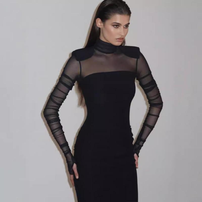 Women's Fall Fashion Temperament Semi-high Neck Gauze Patchwork Slim Dress