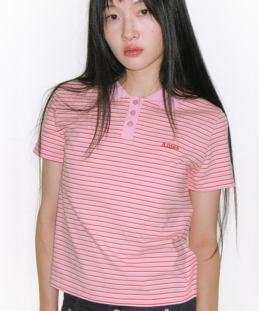 AMES-WORLDWIDE Basic Stripe Collar Tee Pink
