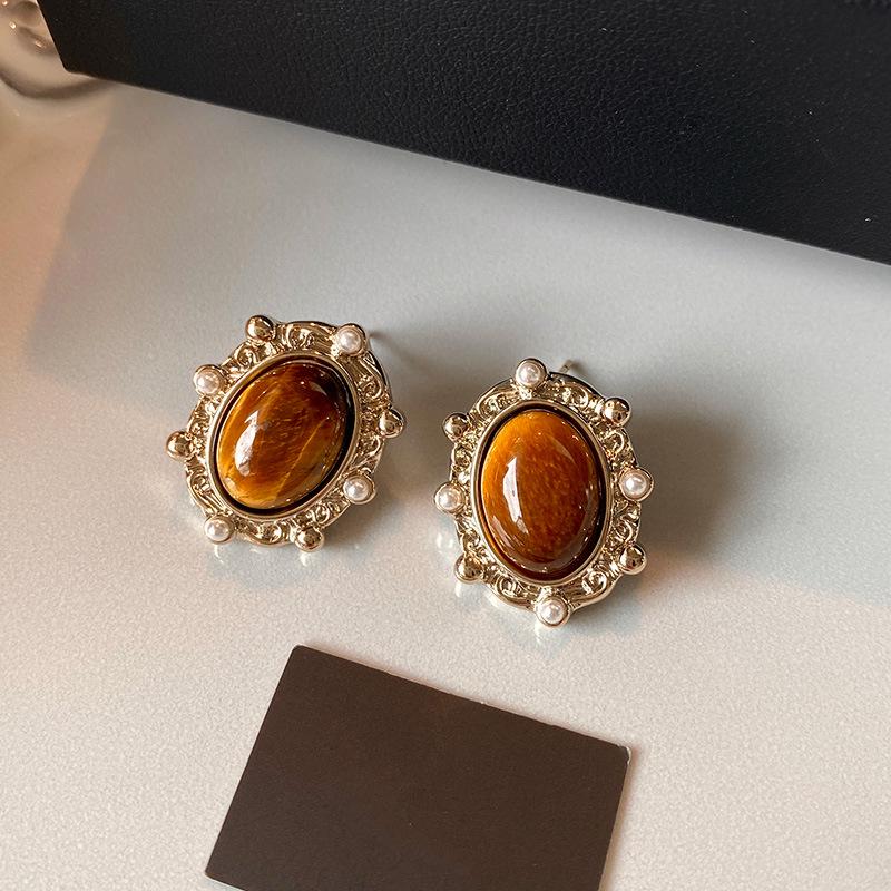 Maillard Silver Needle Tiger Eye Pearl Retro Stud Earrings for Women