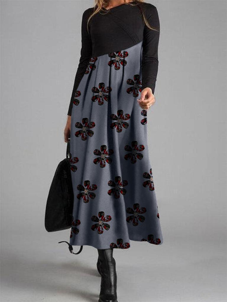 Women Color Block Floral Print Long Sleeve Maxi Dress Casual Loose A Line Long Dress S-XXXL