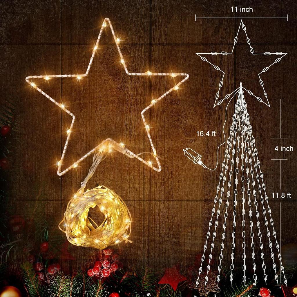 Christmas Decorations Star String Lights - 344 LED 11.8ft 9 Strands Waterfall Tree Lights with Topper Star, 8 Lighting Modes Christmas Lights Indoor