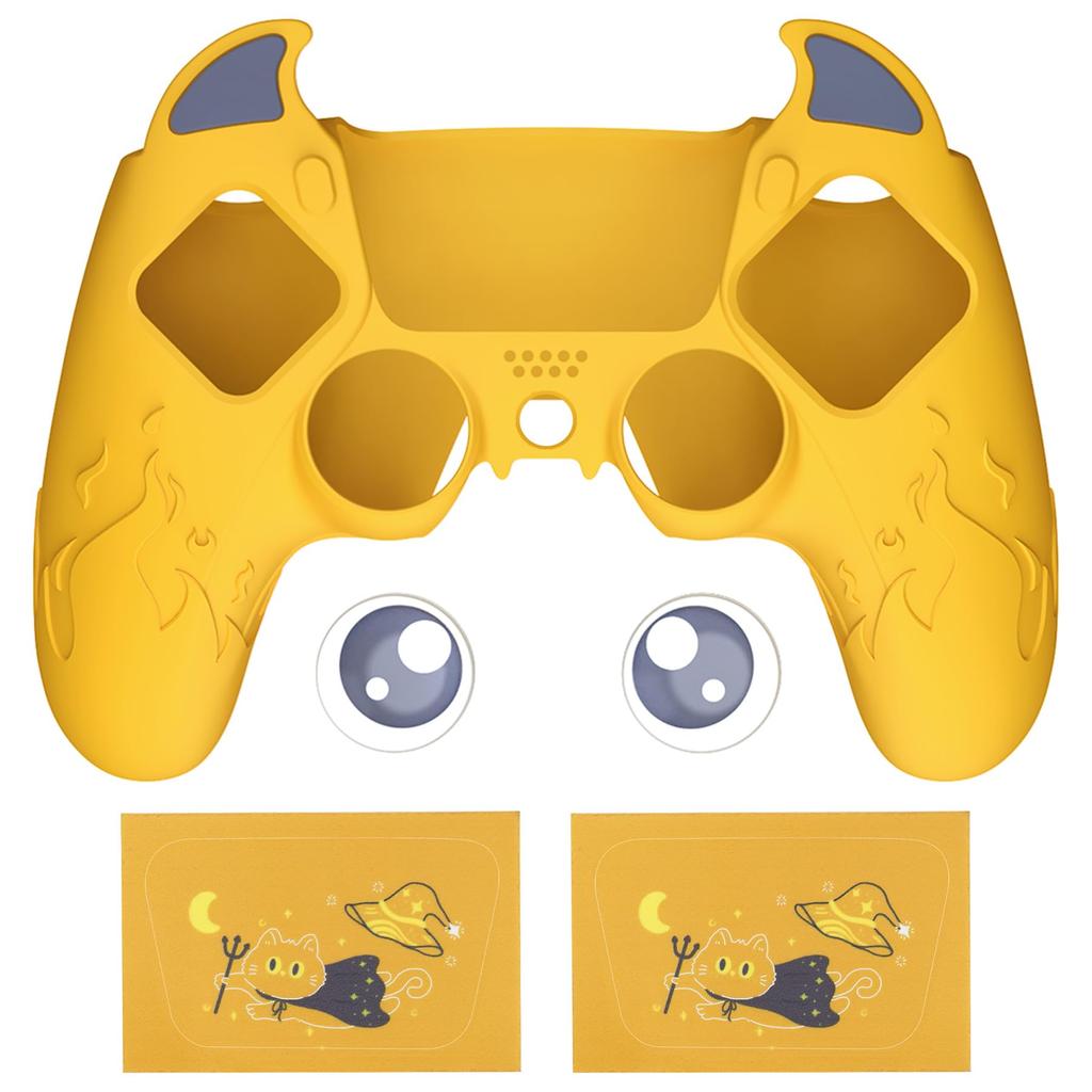 PlayVital PS5 Controller Silicone Cute Controller Cover Skin Protector with Thumb Grip Caps Touchpad Stickers Cover, (Demon Style) & (Yellow)