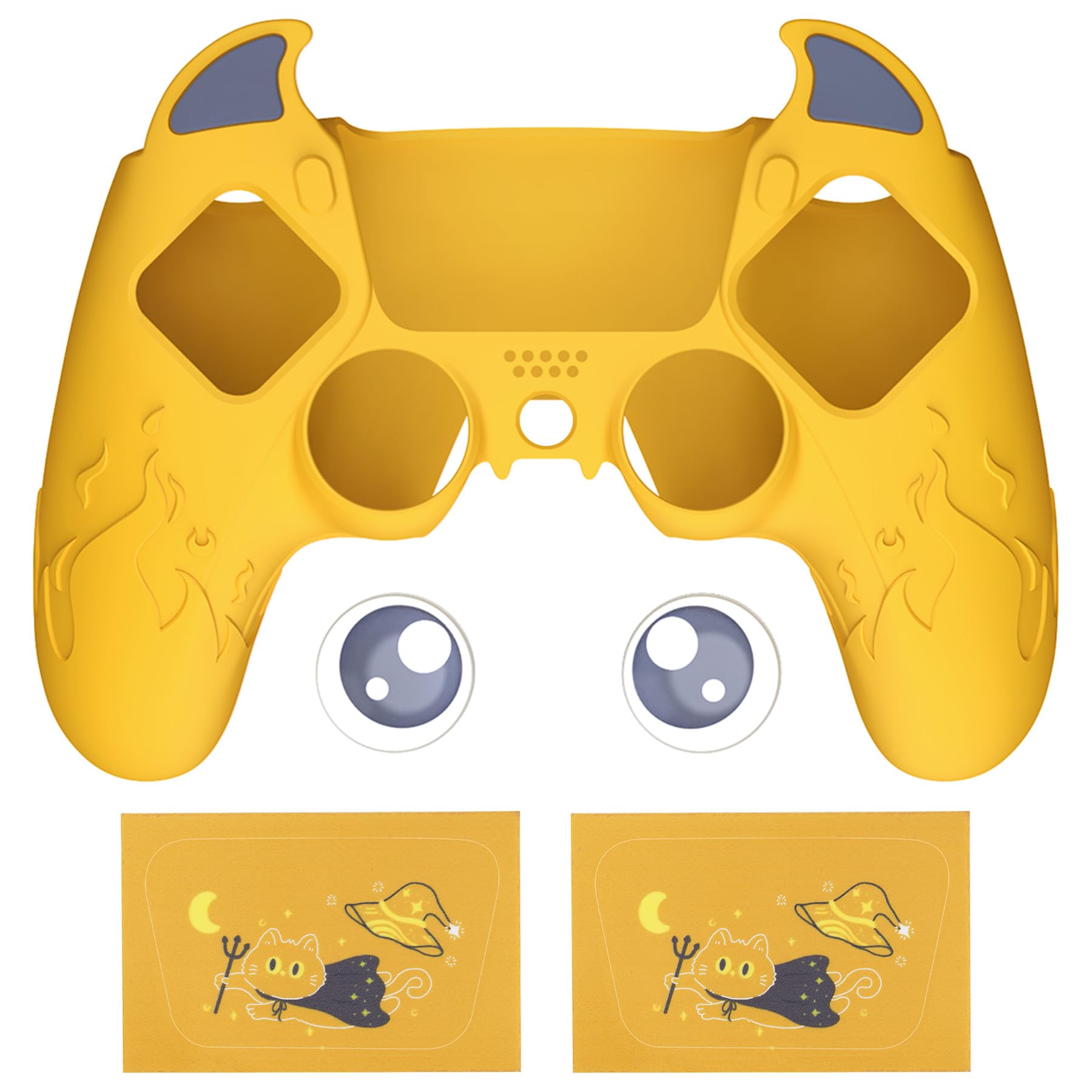 

PlayVital PS5 Controller Silicone Cute Controller Cover Skin Protector with Thumb Grip Caps Touchpad Stickers Cover, (Demon Style) & (Yellow)