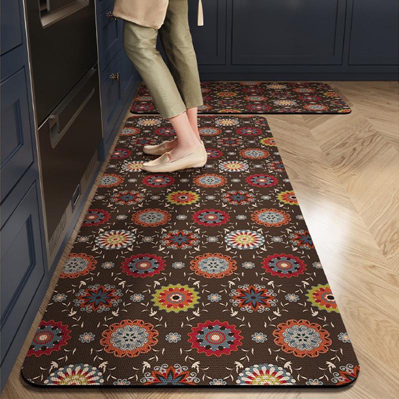 Kitchen Carpet Oil-proof Waterproof Leather Floor Mat American Ethnic Green Flower PVC Rug Long Strip Home Decoration Foot Mats