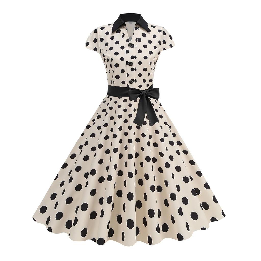 Women's Fashionable Retro Standing Collar Printed Spliced Large Swing Lace Dress