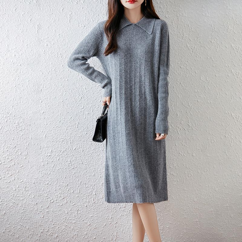 Women Sweater Dress 100% Wool MODERN NEW SAGA Turn-down Collar Knit Long Pullover Winter Jumpers Wool Long Dress Female