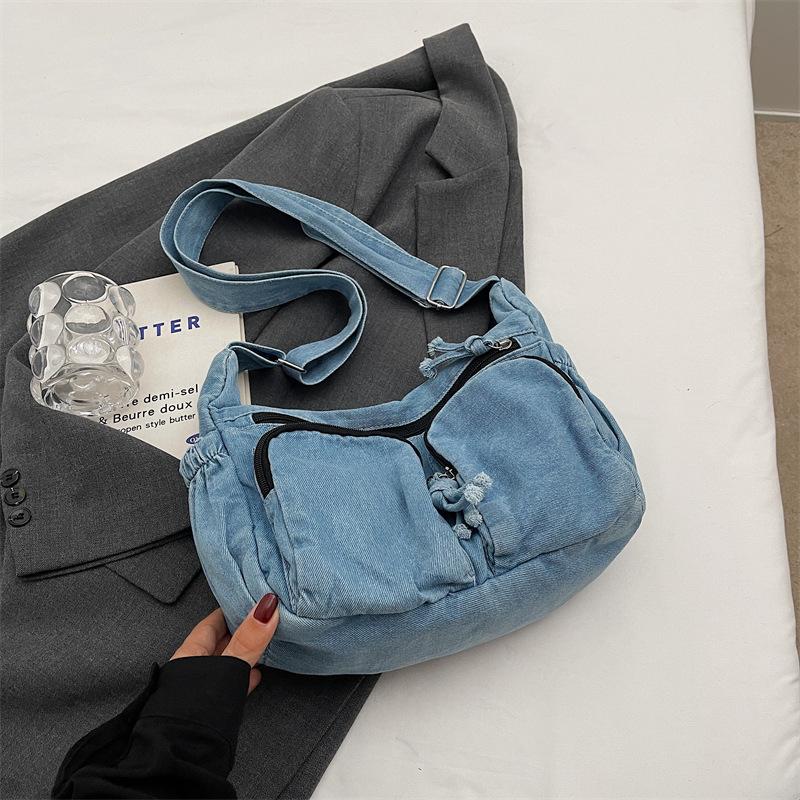 2025 new niche retro pleated dumpling bag denim locomotive bag casual fashion shoulder messenger canvas bag