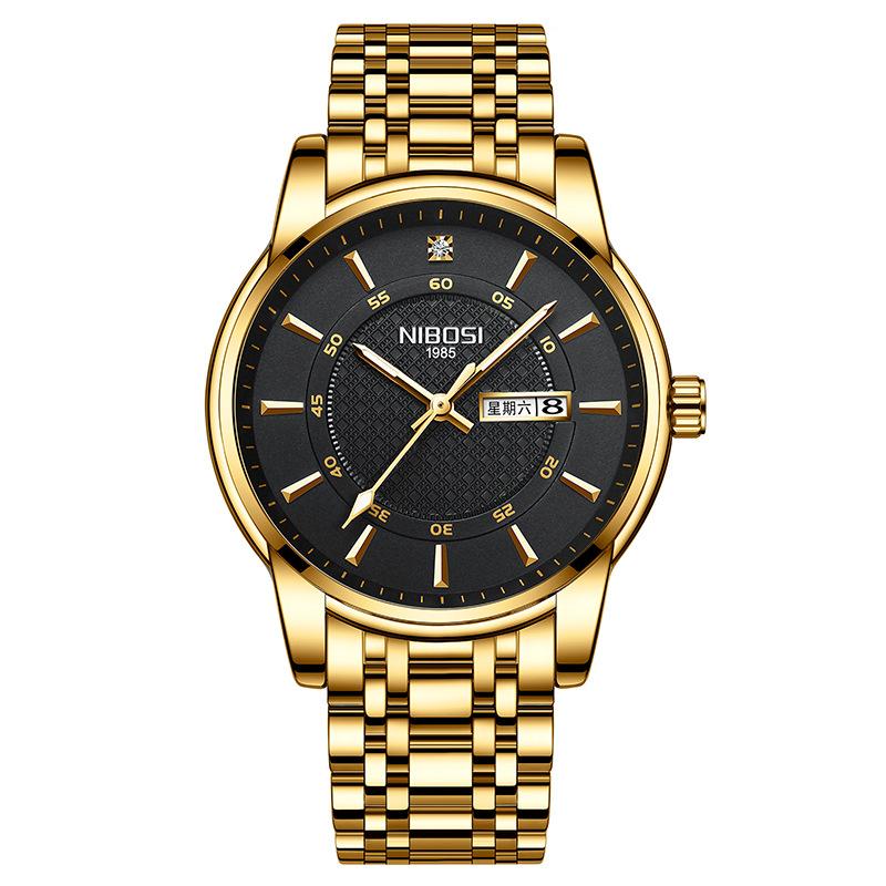 Fashion Men'S Watch Black Gold Steel Strap Casual Sports Luminous Waterproof Three-Eye Six-Needle Watch