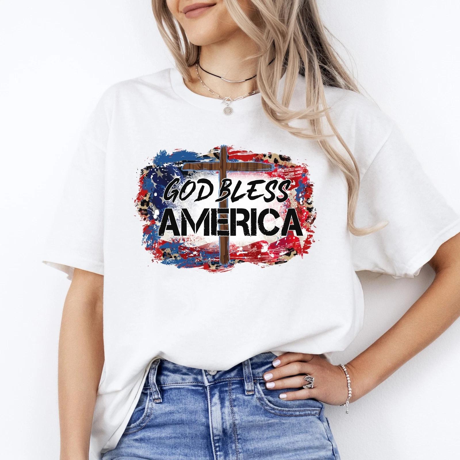 God Bless America T-Shirt gift Faith cross Patriotic USA Unisex tee Sand White S 2XL