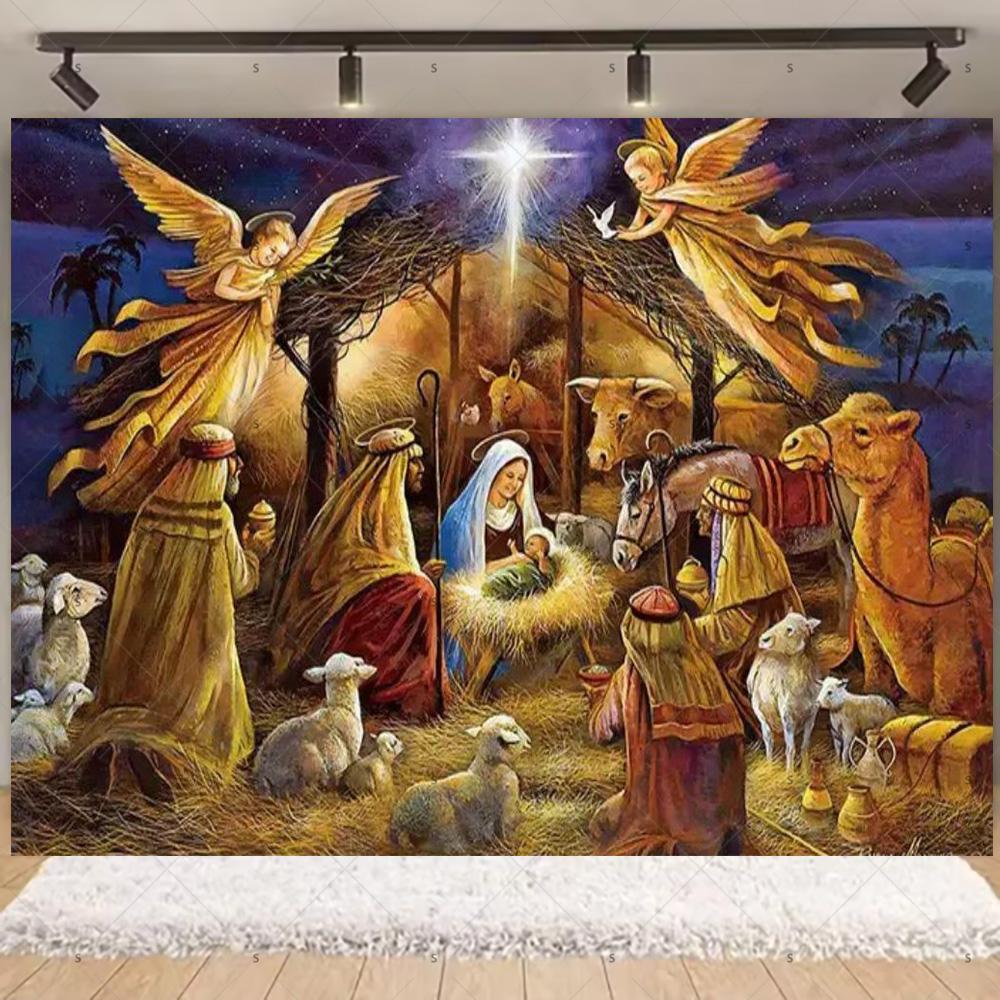 Nativity Scene Background Banner Starry Night Traditional Christmas Religious Jesus Backdrop Supplies Christmas Party Decoration