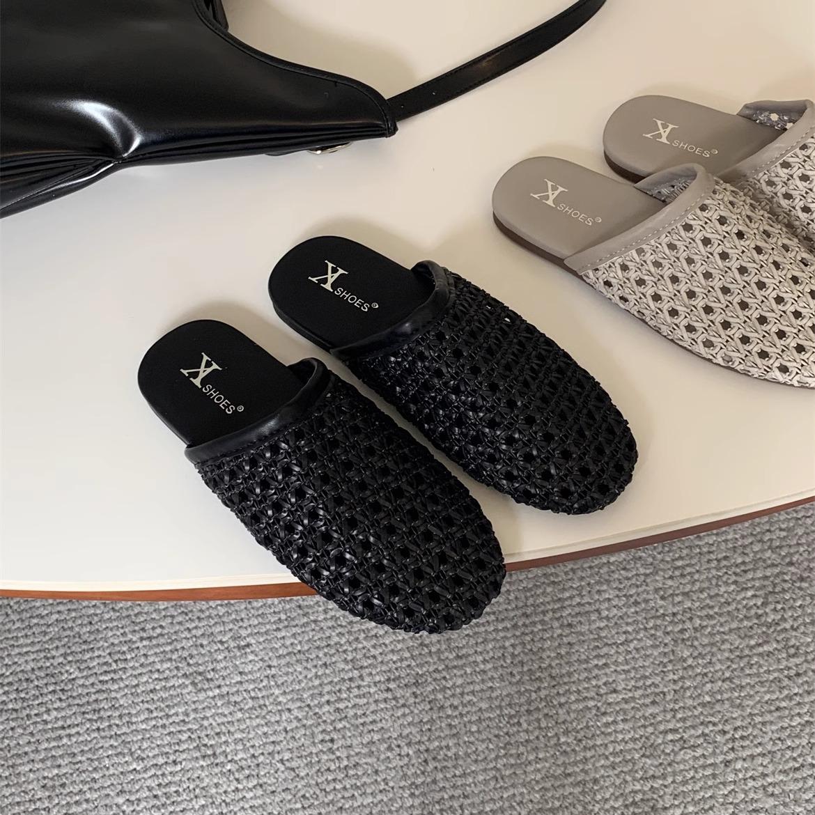 

Lan Cabinet 2025 summer new woven breathable one-pedal Muqin Birken shoes wear flat-bottomed bag head half slippers 35 чёрный