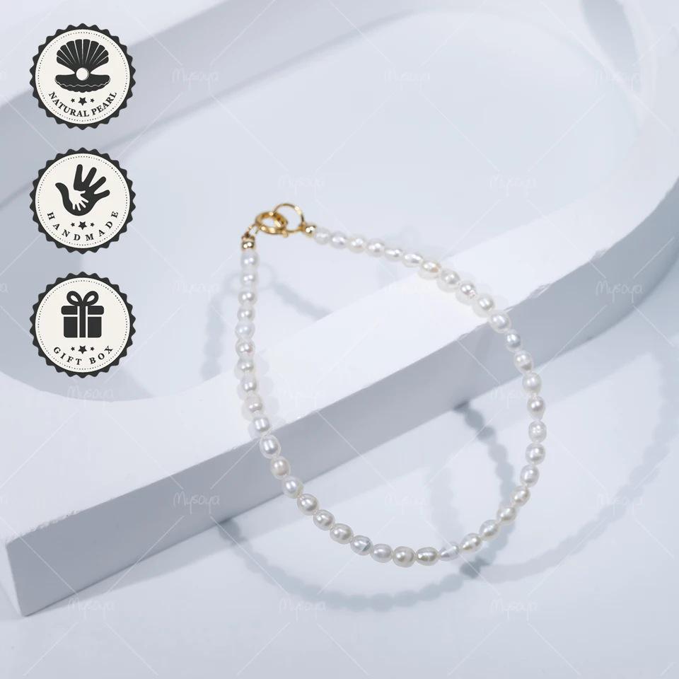 MYSOYA White Freshwater Pearl Bracelet with Gold Bubble Clasp, 3-4mm 5.5 - 14 cm