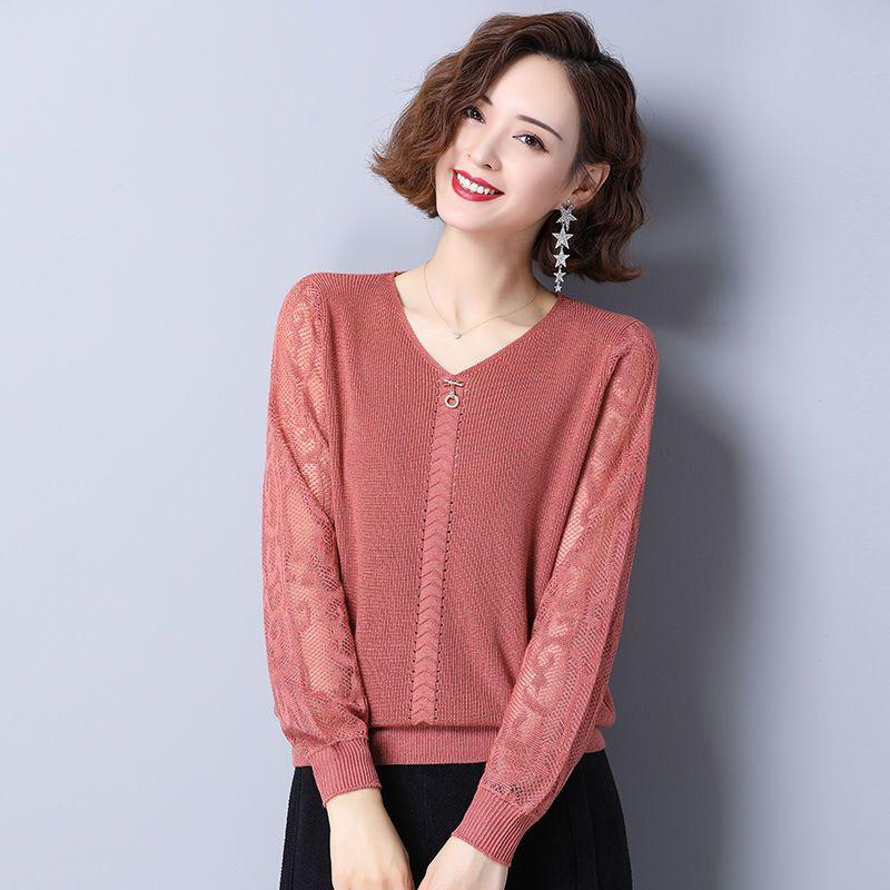 V-neck Sweater for Women Stylish Thin Knitted Sweater Solid Color Casual Pullover Top Loose Autumn Sweater