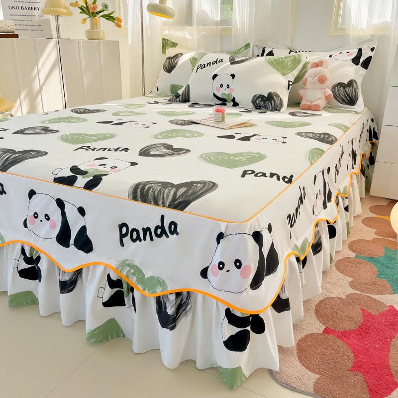 Printed Bed Skirt with Pillowcase Queen Size Bed Cover Set Ruffles Mattress Protector Home Bed Linen Soft Bedspread Jupe De Lit