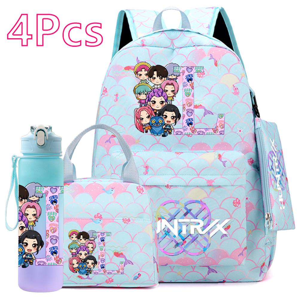 4 st/set 26 engelska bokstäver K-POP Tryckt Ryggsäck med Handväska Pennfodral 750 ml Vattenflaska för Tonåring Elev Pojke Flicka Stor Kapacitet Skolväska