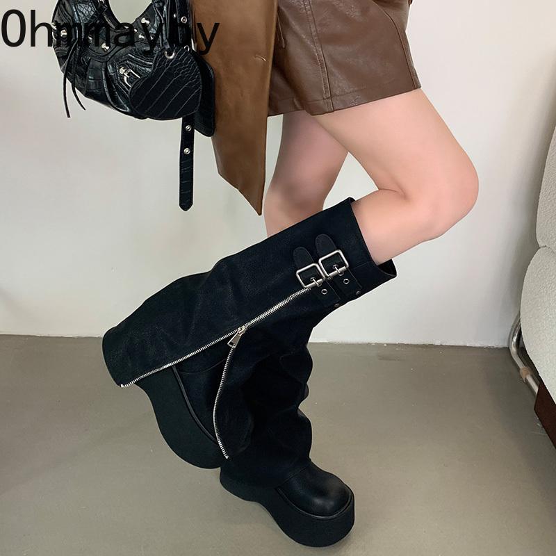 Punk Style Women Knee High Boots Designer Belt Buckle Platform Heel Shoes Autumn Winter Long Booties