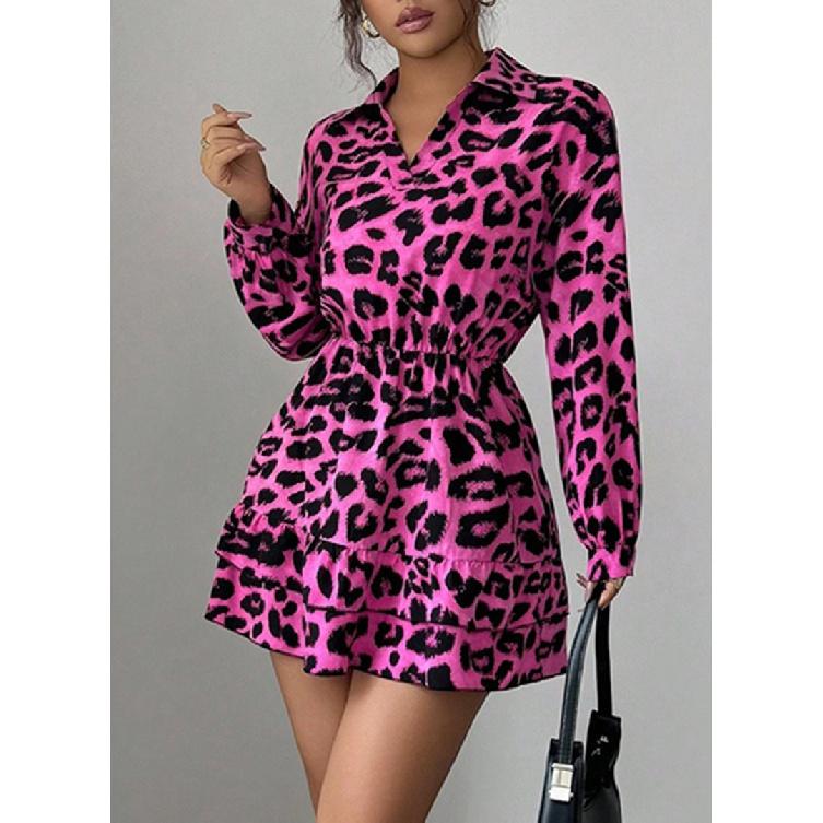 Women's 2026 Spring Winter Leopard Print Satin Dress with Elastic Waist and Slimming Effect