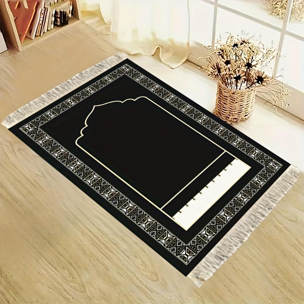 Tapis de prière musulman de luxe, Tapis à motif floral rouge, Tapis de voyage pliable avec pompons pour l'extérieur et l'Aïd du Ramadan, Mubarak