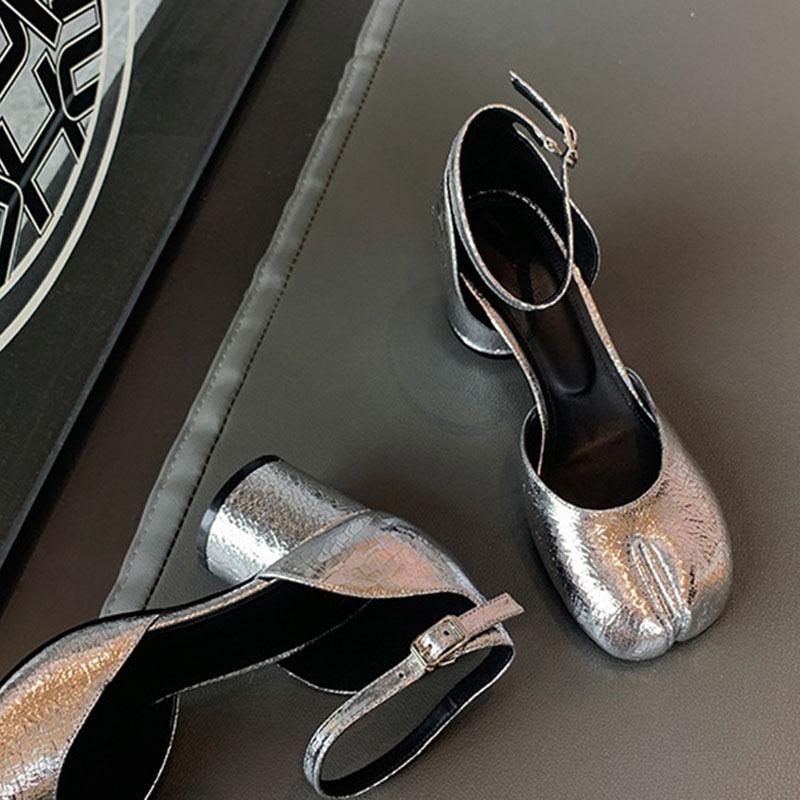 Fashion High Heels Shoes Woman Ankle Strap Silver Black Leather Pumps Split Toe Mary Janes Shoes Woman 2025 Spring Summer Heeled Sandals