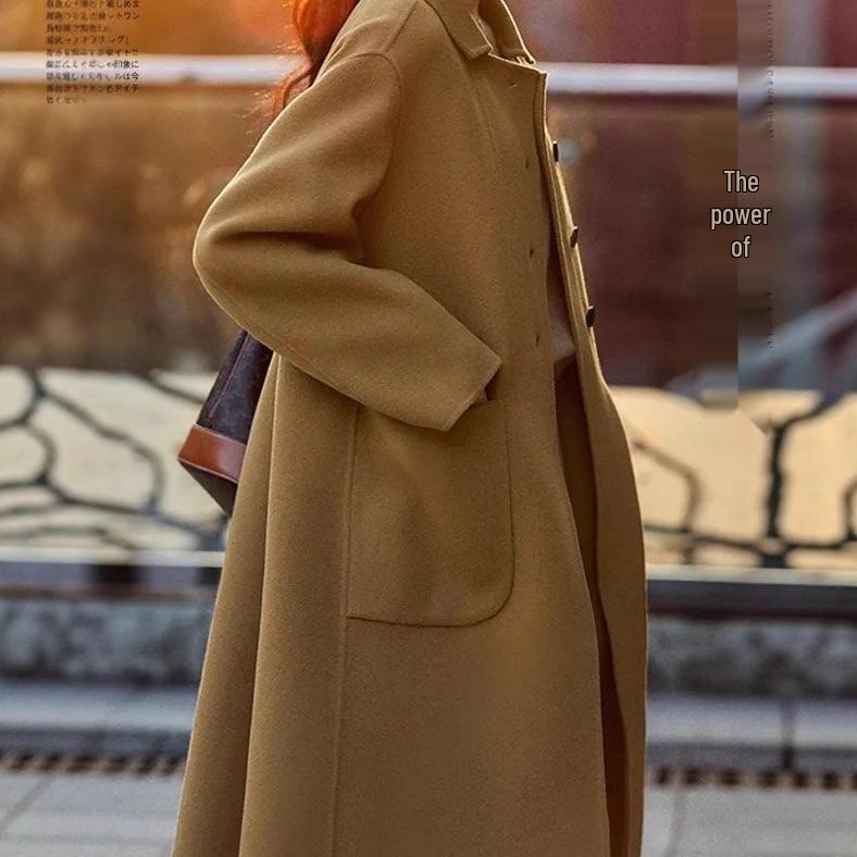 Plus Size Women s Mid-Length Wool Coat - 2025 Autumn/Winter Loose Double-Sided Fleece M