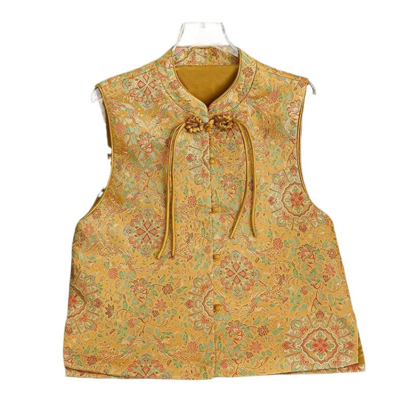 2026 Chinese Brocade Sleeveless Vest: Retro Frog Button Jacquard Top for Middle-Aged and Elderly Women