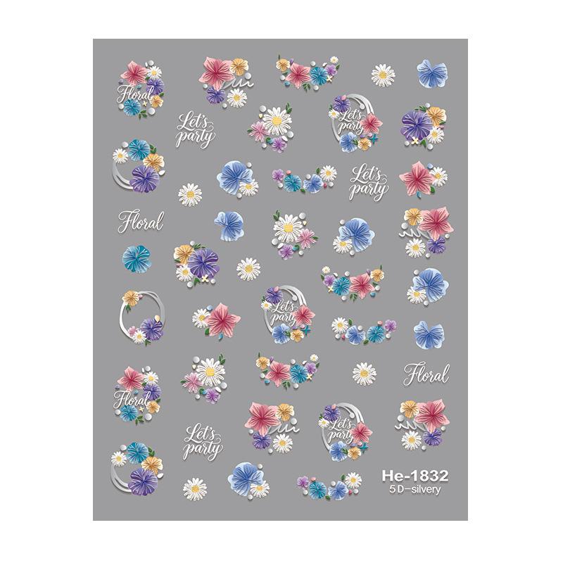 Redanco 5D Embossed Nail Stickers with Silver Hot Stamping - Dried Flowers & Wildflowers (3D, He1832)