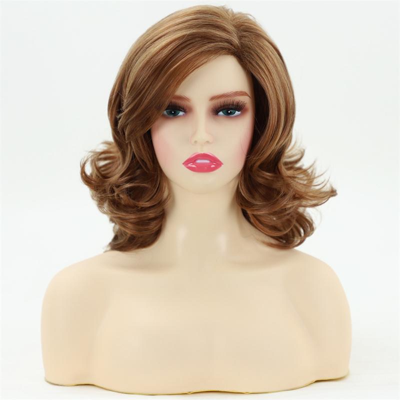 Synthetic Elegant Short Curly Wave Hair Brown Bob Wig Side Parting Bangs for Women Natural Fluffy Daily Cosplay Party