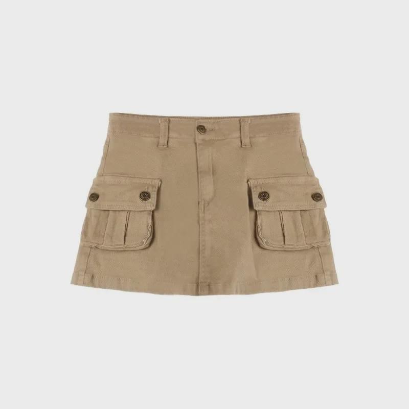 High-Waisted Khaki Denim Mini Skirt - Retro Style, Slim Fit, Summer Essential.