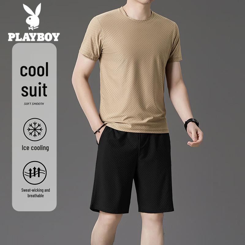 Playboy Men s Ice Silk Breathable T-Shirt & Shorts Sport Set 5XL