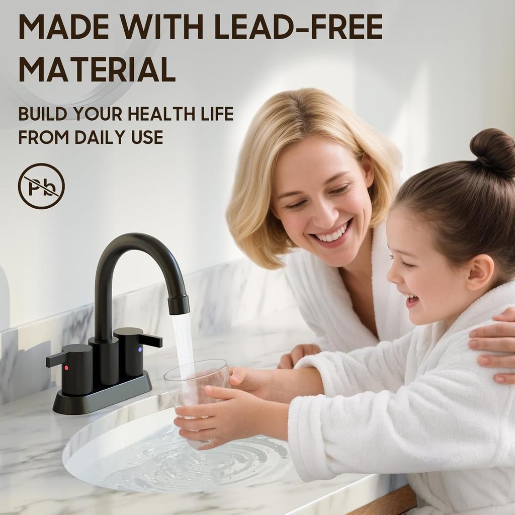 Phiestina 4 Inch 2 Handle Centerset Matte Black Lead-Free Modern Bathroom Faucet, 360 Swivel Spout 2-3 Hole RV Bathroom Vanity Sink Faucet with Pop