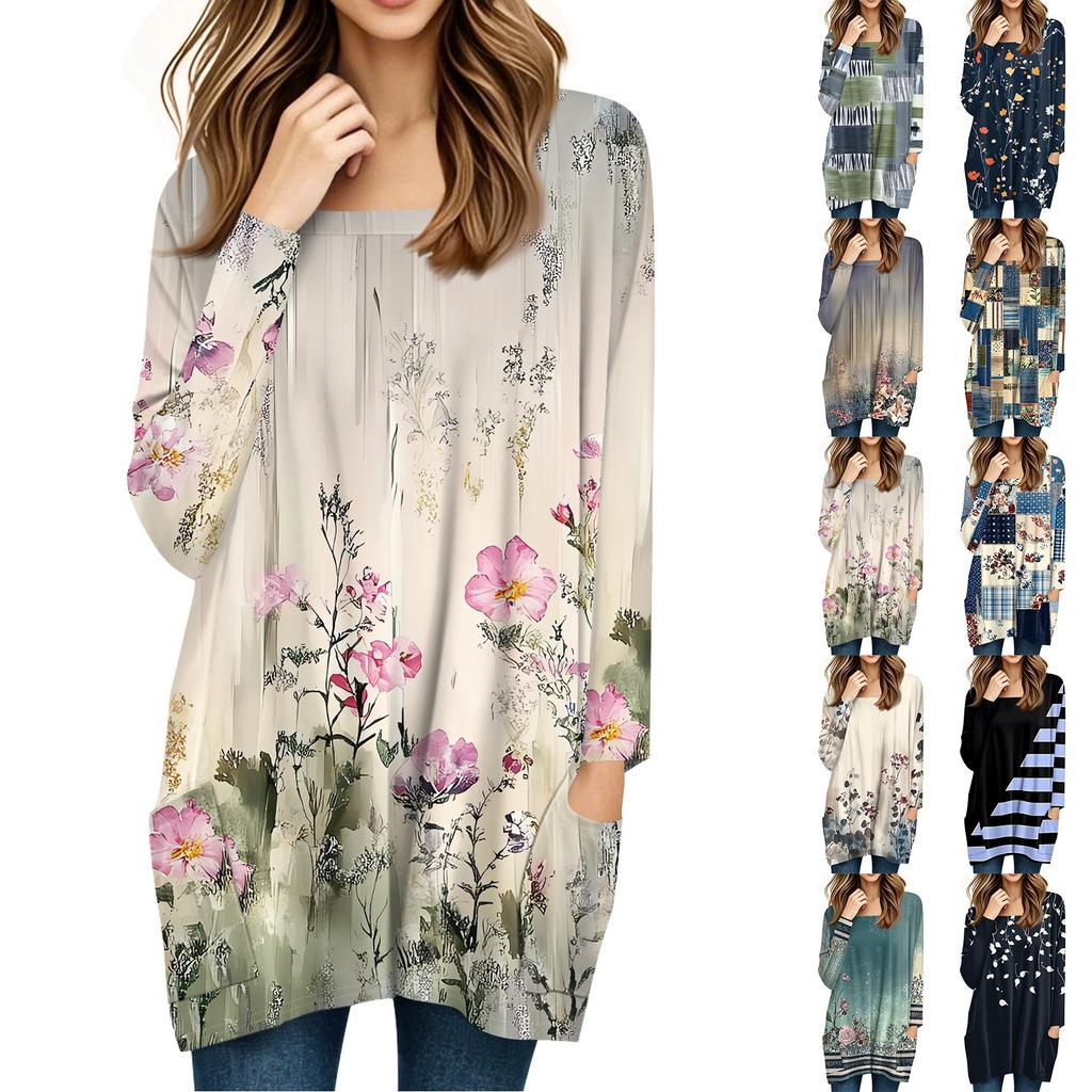 Womens Tops Square Collar Long Sleeve Blouses Casual Mid-length Shirts Fashion Print Tunic Tops With Pockets