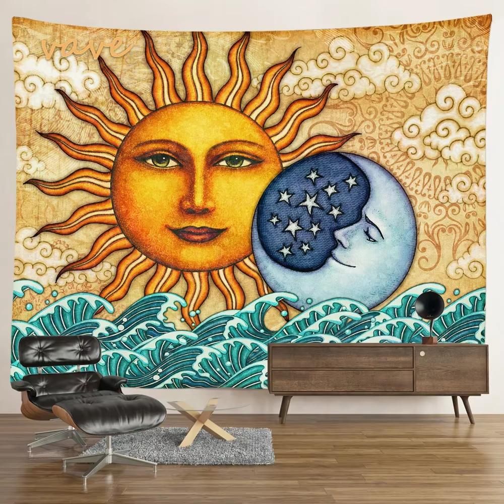 Sun Moon Tarot Tapestry Wall Hanging Bohemian Style Witchcraft Astrology Cloth Fabric Tapestry Flag Living Room Background Cloth