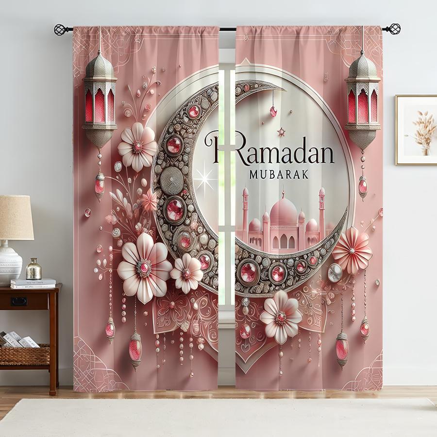 2PCS Pink Floral Ramadan Decorative Curtains, Sweet Wind, Living Room and Bedroom, Drawbar Pocket Decoration