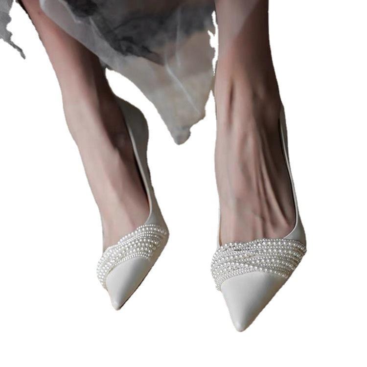 Fashion Women High Heels Sexy Beading Shoes Female 2024 New Red Velvet Pumps Pointed Toe RetroThin Heel Party Wedding Shoes Wholesale