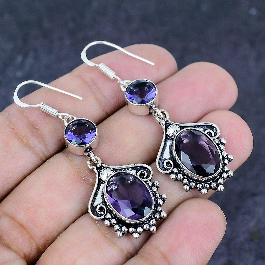 Natural Amethyst Gemstone Handmade 925 Sterling Silver Earring 2.17" k6I02
